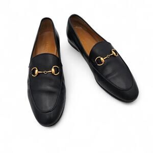 Gucci Jordaan Horsebit Slip On Flat Loafer Black Leather Gold Size 37 US 7